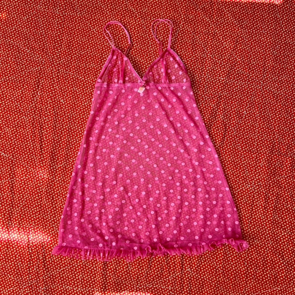 Honeydew Intimates Pink Polka Dot Sheer Mesh Babydoll long slip top Small